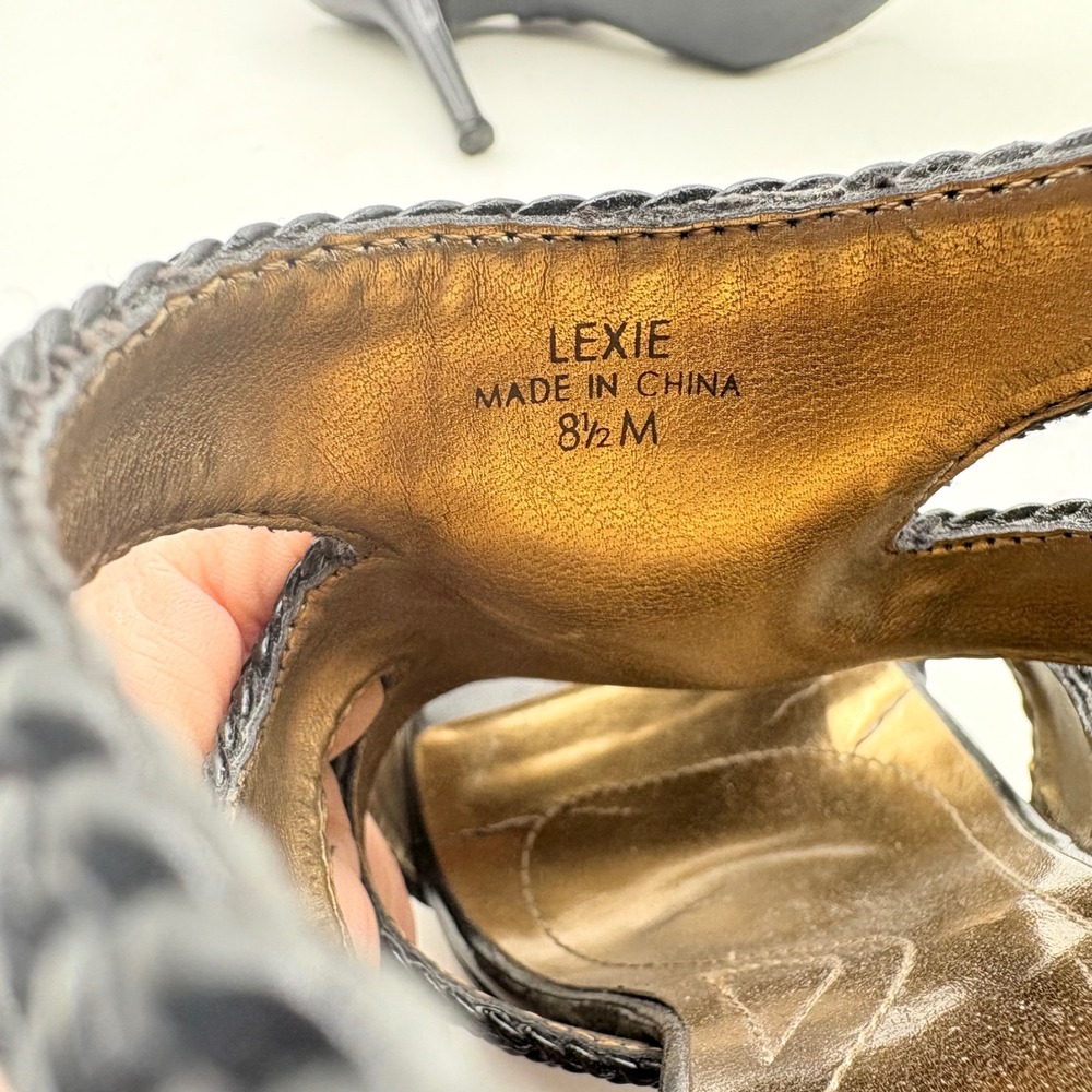 Tahari Lexie Black Canvas Braided Trim Heeled Sandals Size 8.5‎ M Gold Buckle - Picture 8 of 12